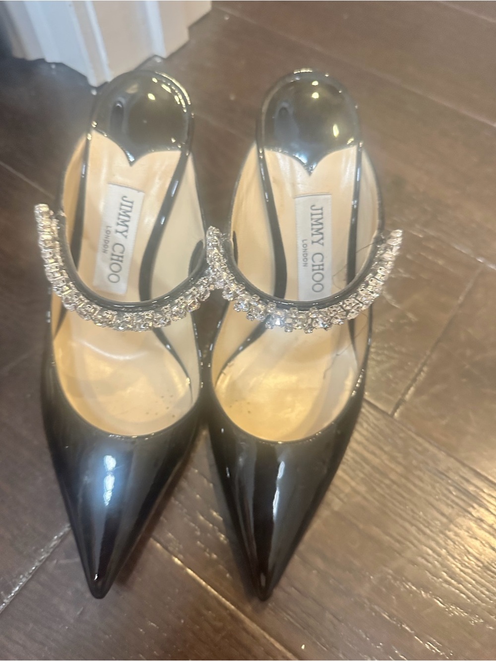 Jimmy Choo Black Patent Pointed Mary Janes with Crystal Strap